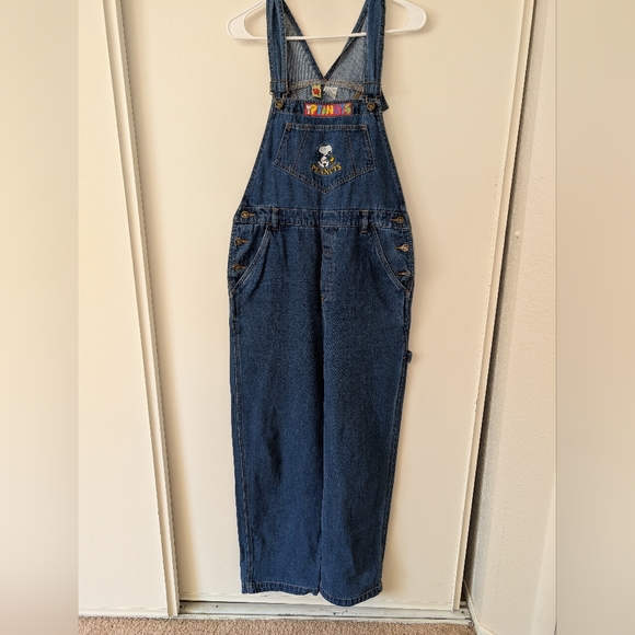 Vintage 90s Peanuts Snoopy Woodstock Womens Medium Denim Jean Bib Overalls Blue - Picture 1 of 7